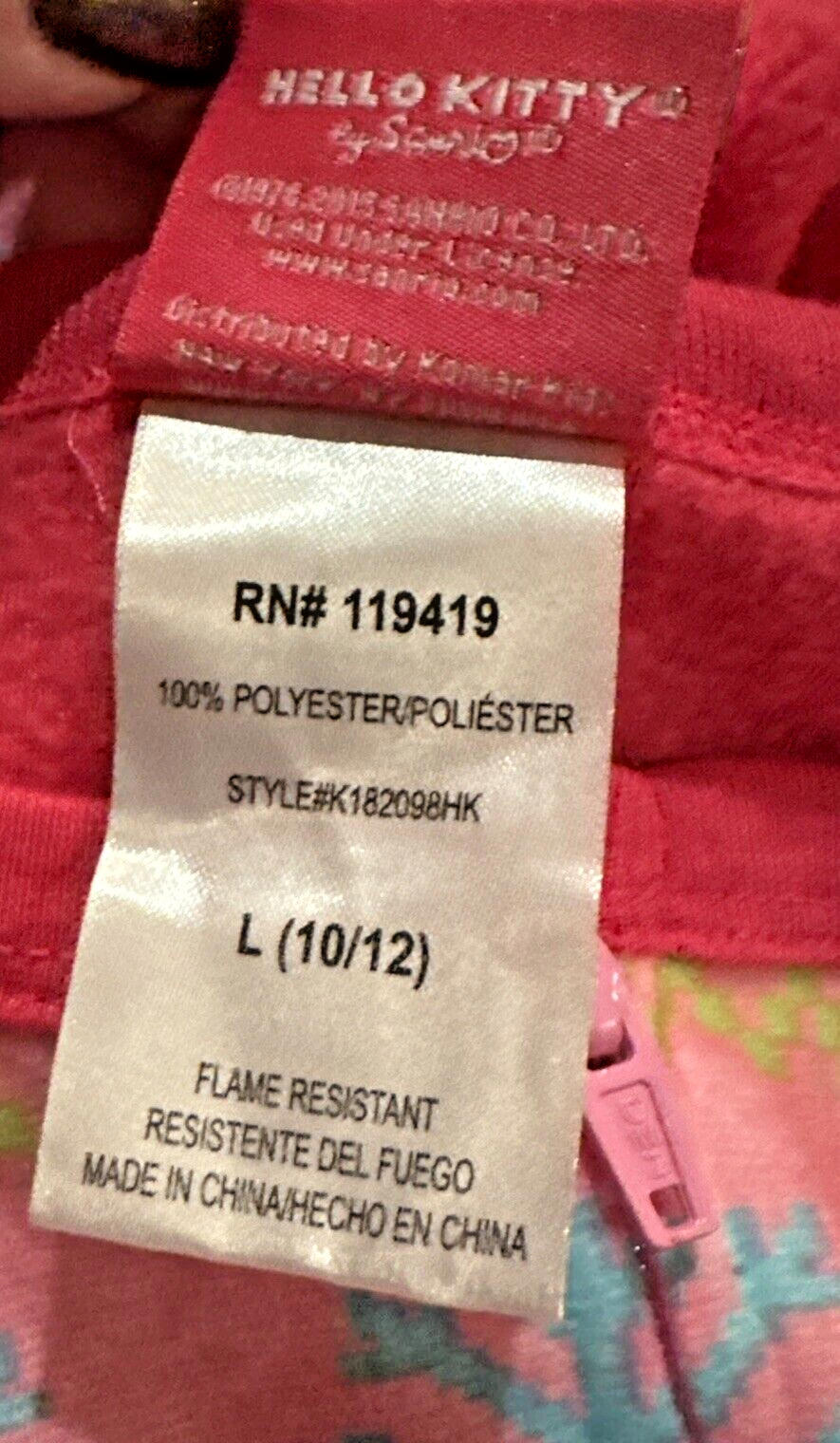 Hello Kitty One Piece Flame Resistant Girls Pink Pajama L (10-12)