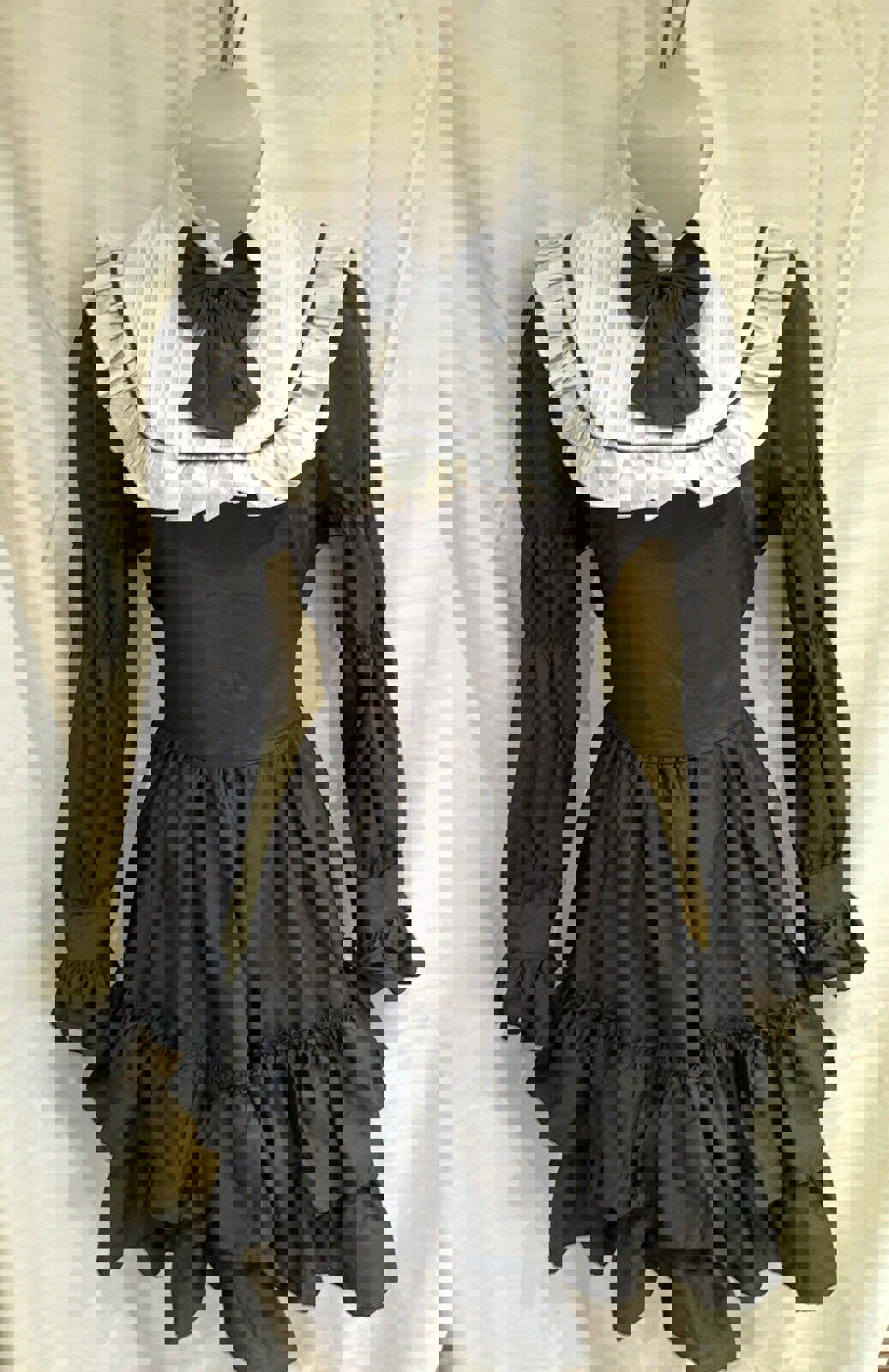 Goth Lolita Black And White Dress Cute With Bow Tiered With Ruffles Long Sleeve