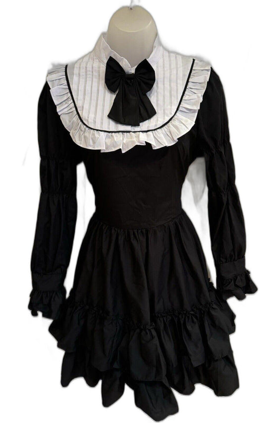 Lolita Black & White Dress Bow Tiered Ruffles Long Sleeve