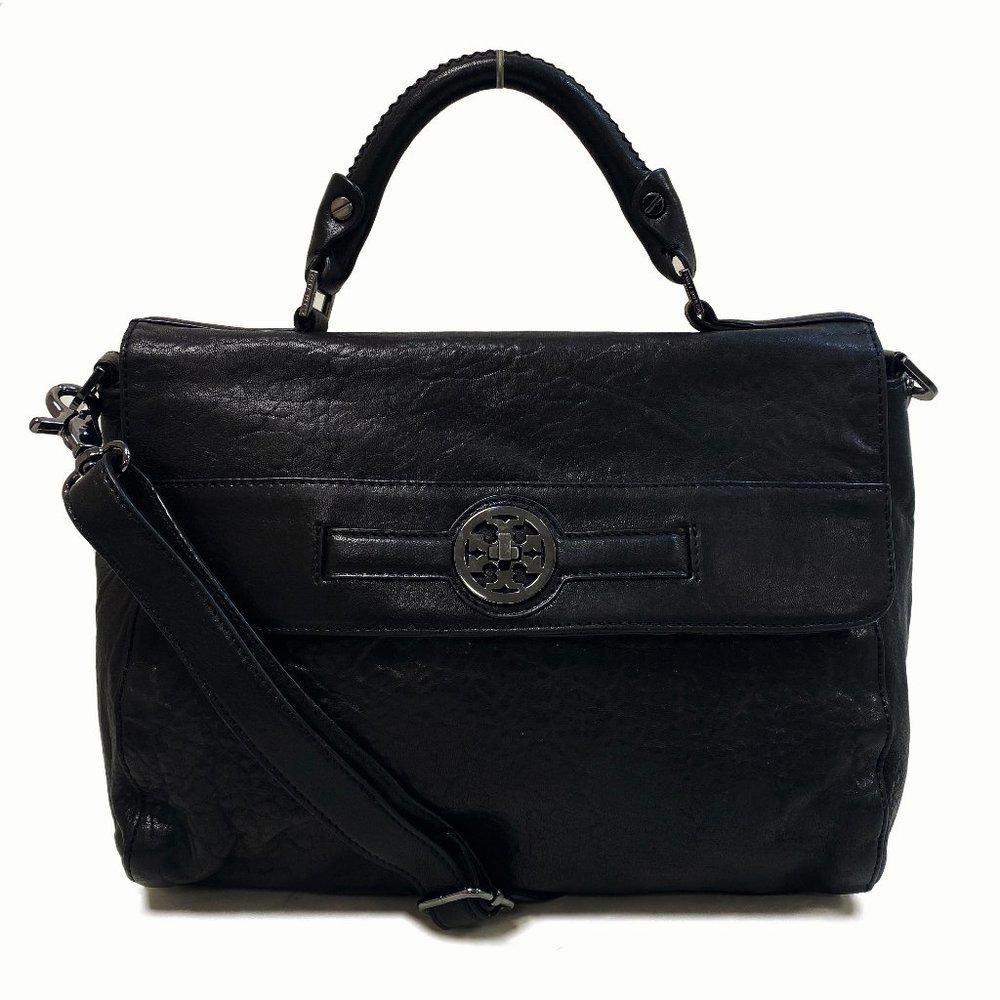 Tory Burch Audra Glazed Leather Black Satchel Bag