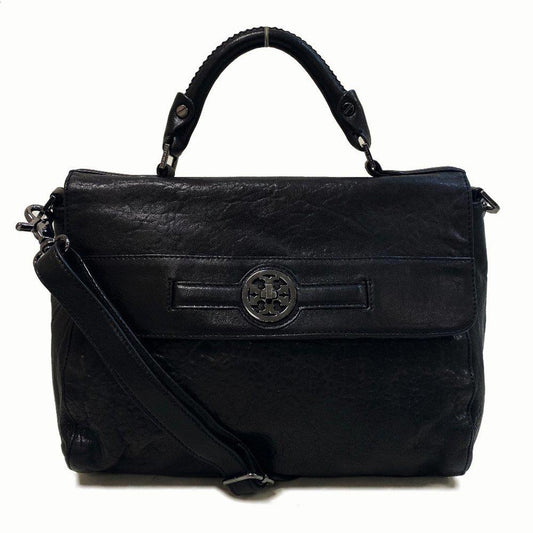 Tory Burch Audra Glazed Leather Black Satchel Bag