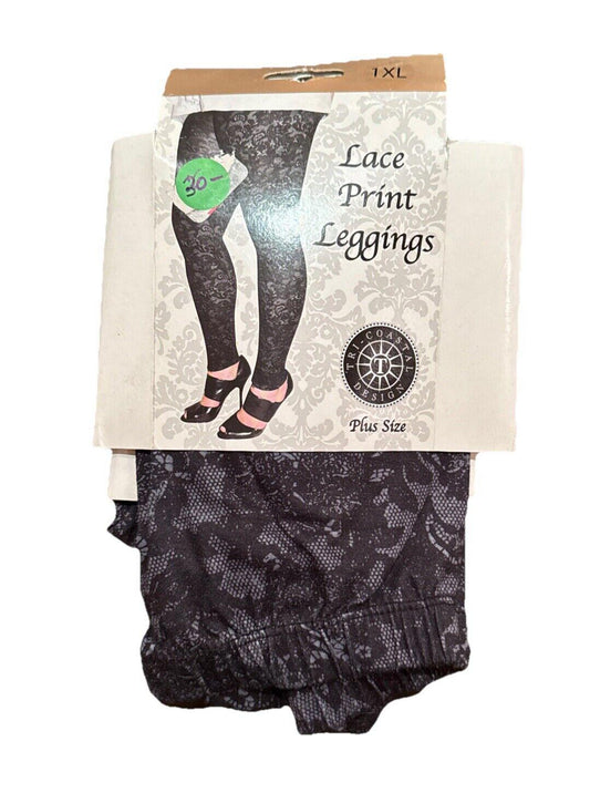 Tri Coastal Design Plus Size Leggings Lace Print Black Size 1XL (14-16)