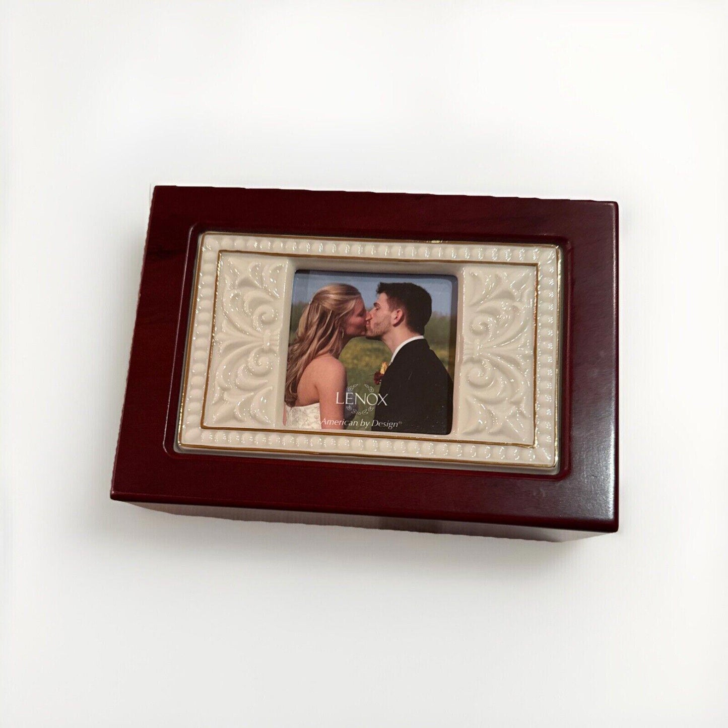 Lenox Cherished Memories Jewelry Box Wood and Porcelain Frame With Gold Trim