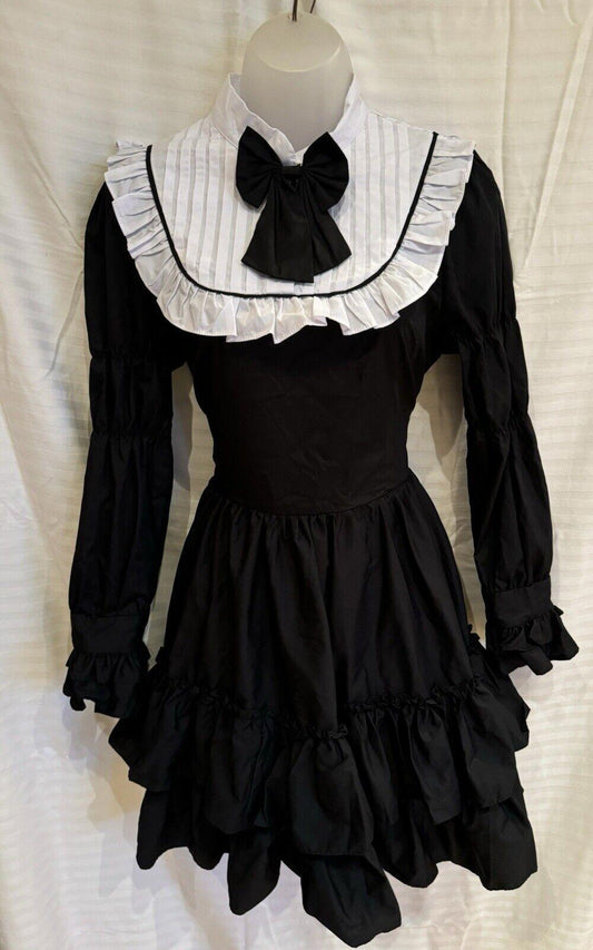 Goth Lolita Black And White Dress Cute With Bow Tiered With Ruffles Long Sleeve