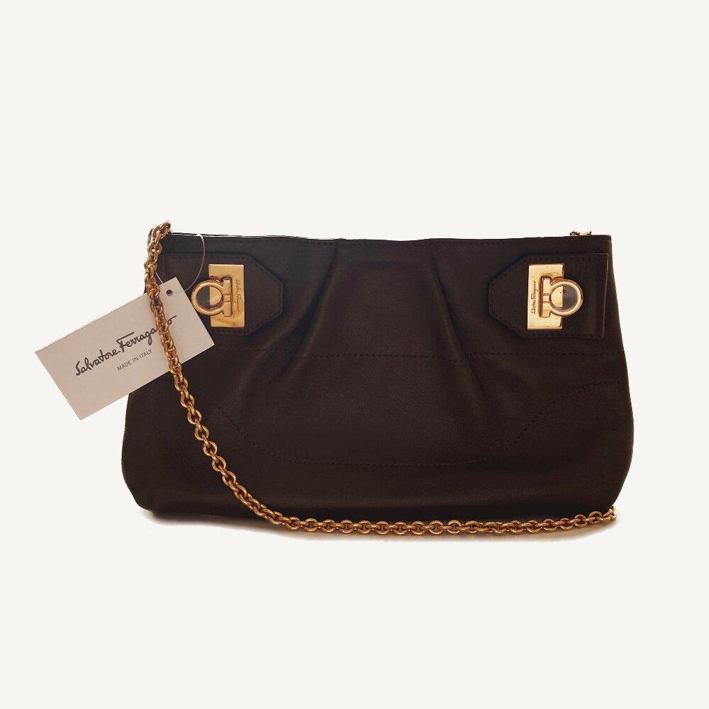 Salvatore Ferragamo Mocha Leather Convertible Clutch